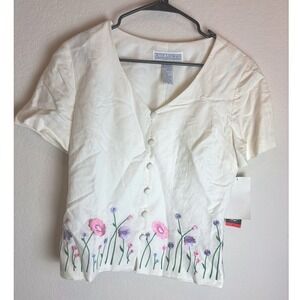 Jessica Howard Linen Blend Embroidered Floral Skirt Suit Set Cream Size 8 NEW